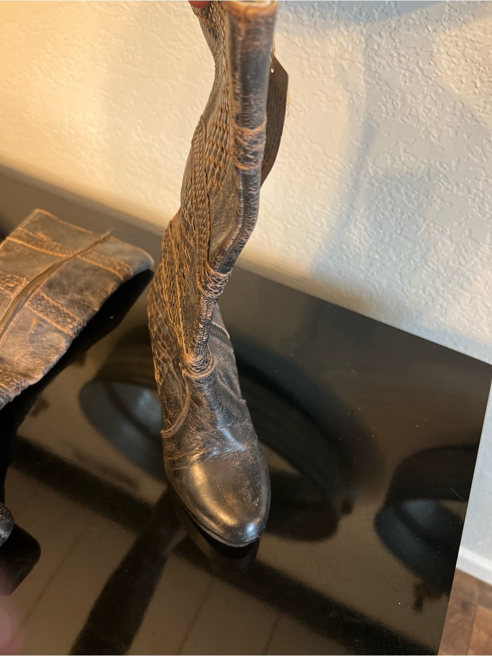 BED|STU Distressed Black with Brown Woven Leather Mid-Calf Wedge Boots - Picture 2 of 5